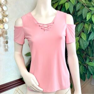 WHBM PINK LACE UP COLD SHOULDER TOP